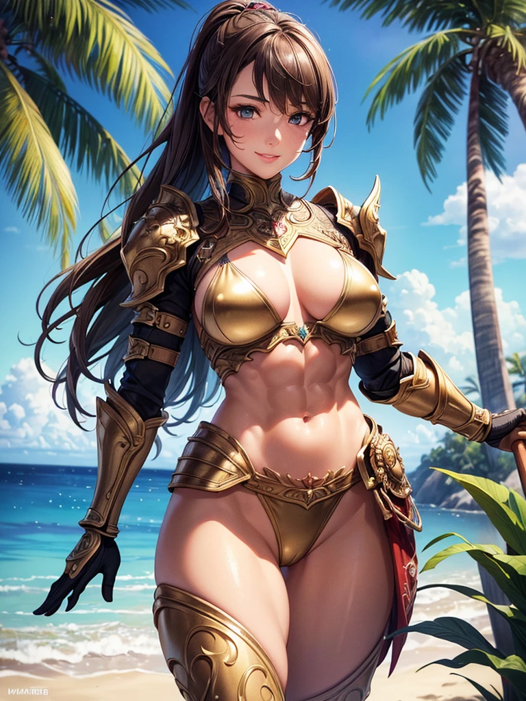 ,(best quality, ultra-detailed, realistic:1.37, masterpiece:1.2), woman, beautiful detailed eyes, beautiful detailed lips, brown hair tied up, smile, bikini armor, (muscular body:1.1),slim figure, caustics, textile shading, toned body, clean abs, palm trees swaying, Highly detailed colorful fancy armor and gauntlets,,desert