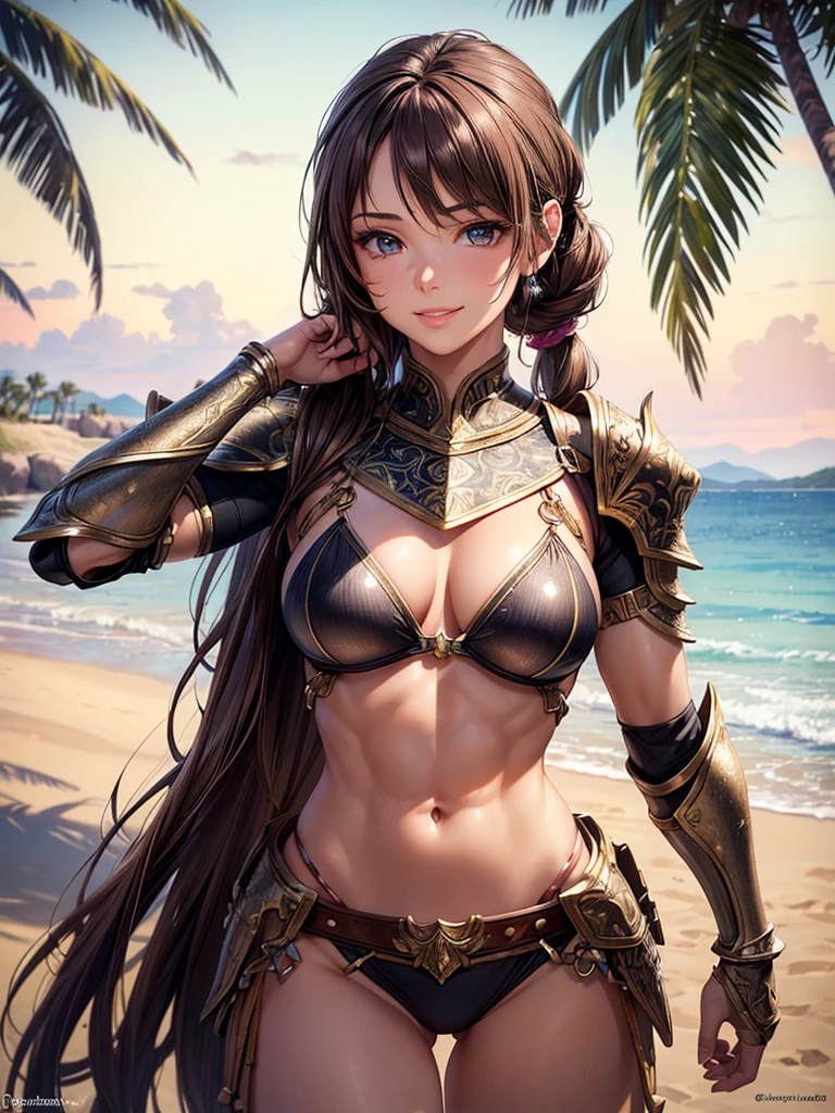 ,(best quality, ultra-detailed, realistic:1.37, masterpiece:1.2), woman, beautiful detailed eyes, beautiful detailed lips, brown hair tied up, smile, bikini armor, (muscular body:1.1),slim figure, caustics, textile shading, toned body, clean abs, palm trees swaying, Highly detailed colorful fancy armor and gauntlets,,desert