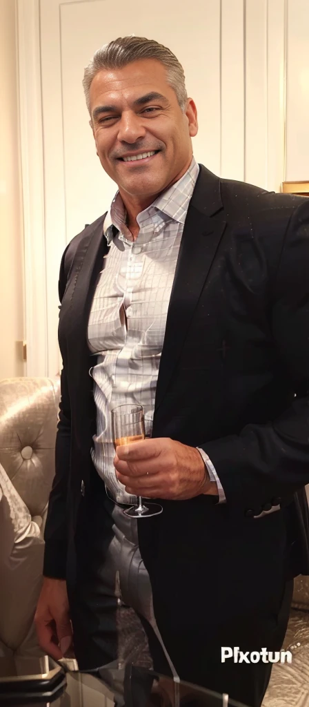 smiling handsome middle aged man in a suit, he is 50 years old, holding glass of champagne. Big muscles, bodybuilder, tight clothing, tight shirt (wearing a black suit jacket, white checkershiny satin shirt, big muscles, big pectorals, visable cleavage, covered nipples, tight tan chinos, big bulge, grey hair)
