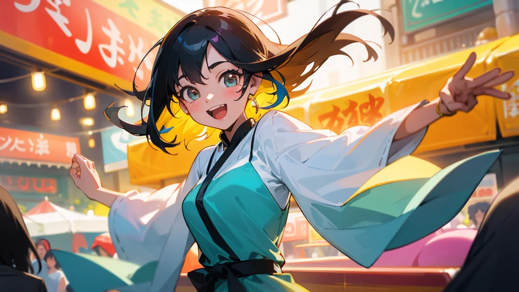 In the midst of a vibrant and bustling night market, Women appear excited and happy. Dress relaxed, Her face radiates pure joy and satisfaction., Her eyes sparkle with joy as she takes in the vibrant atmosphere around her.. Floating in the air々The aroma of fresh food enriches the sensory experience, Make her feel truly alive and at peace.