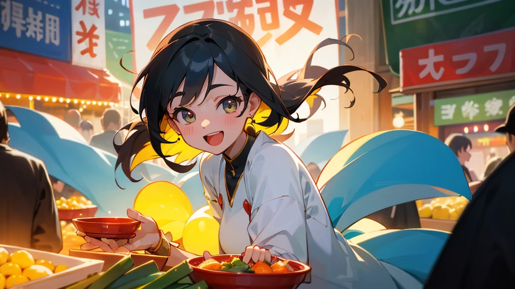 In the midst of a vibrant and bustling night market, Women appear excited and happy. Dress relaxed, Her face radiates pure joy and satisfaction., Her eyes sparkle with joy as she takes in the vibrant atmosphere around her.. Floating in the air々The aroma of fresh food enriches the sensory experience, Make her feel truly alive and at peace.