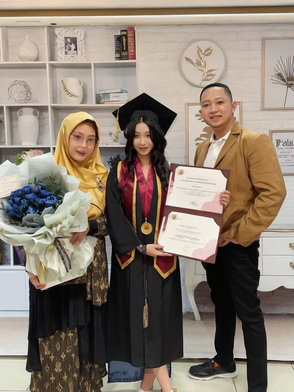 A detailed image of a graduation scene featuring three individuals. The person on the left is an older woman wearing a black dress with golden brown patterns and a yellow hijab. She has an oval face with slightly full cheeks and wears glasses. She is holding a large bouquet of flowers tied with a ribbon. The person in the middle is a young woman in a black graduation gown with maroon and yellow trim, and a blue dress underneath. She wears a black graduation cap with a yellow tassel. She has long black hair, thick eyebrows, large eyes, and thin lips. A gold medal hangs around her neck, and she holds two diplomas. The person on the right is a man wearing a light brown jacket, a white shirt, and black pants. He has a round face, short black hair, and a broad smile. He stands holding the diploma with the middle person. The background features a modern interior with shelves and decor items.