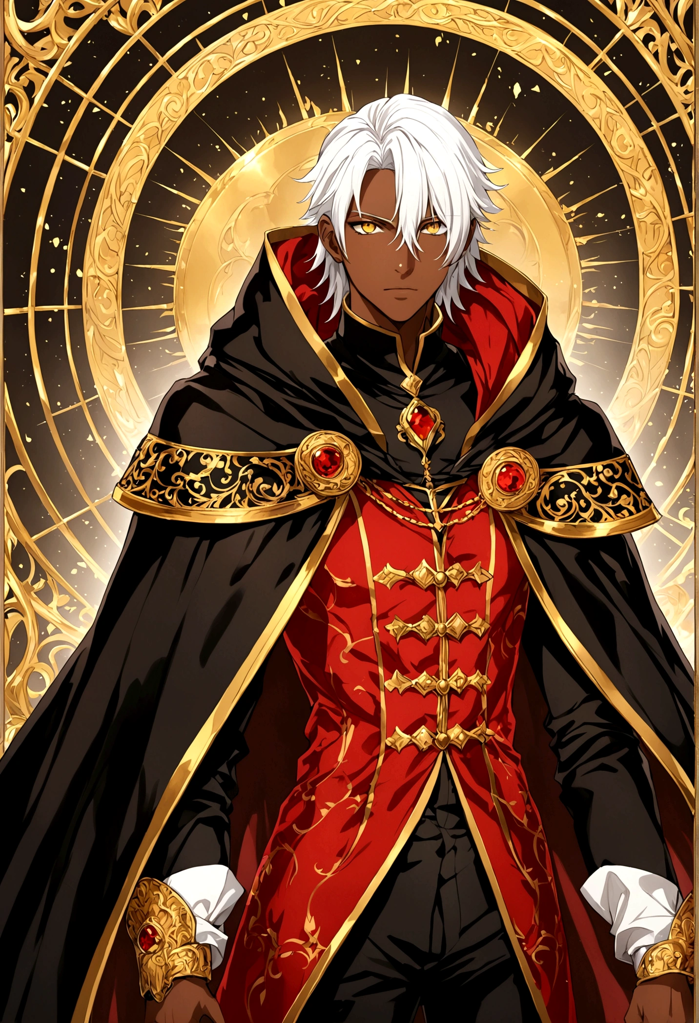 Male brown skin white hair yellow eyes black gold and red outfit with a cloak anime