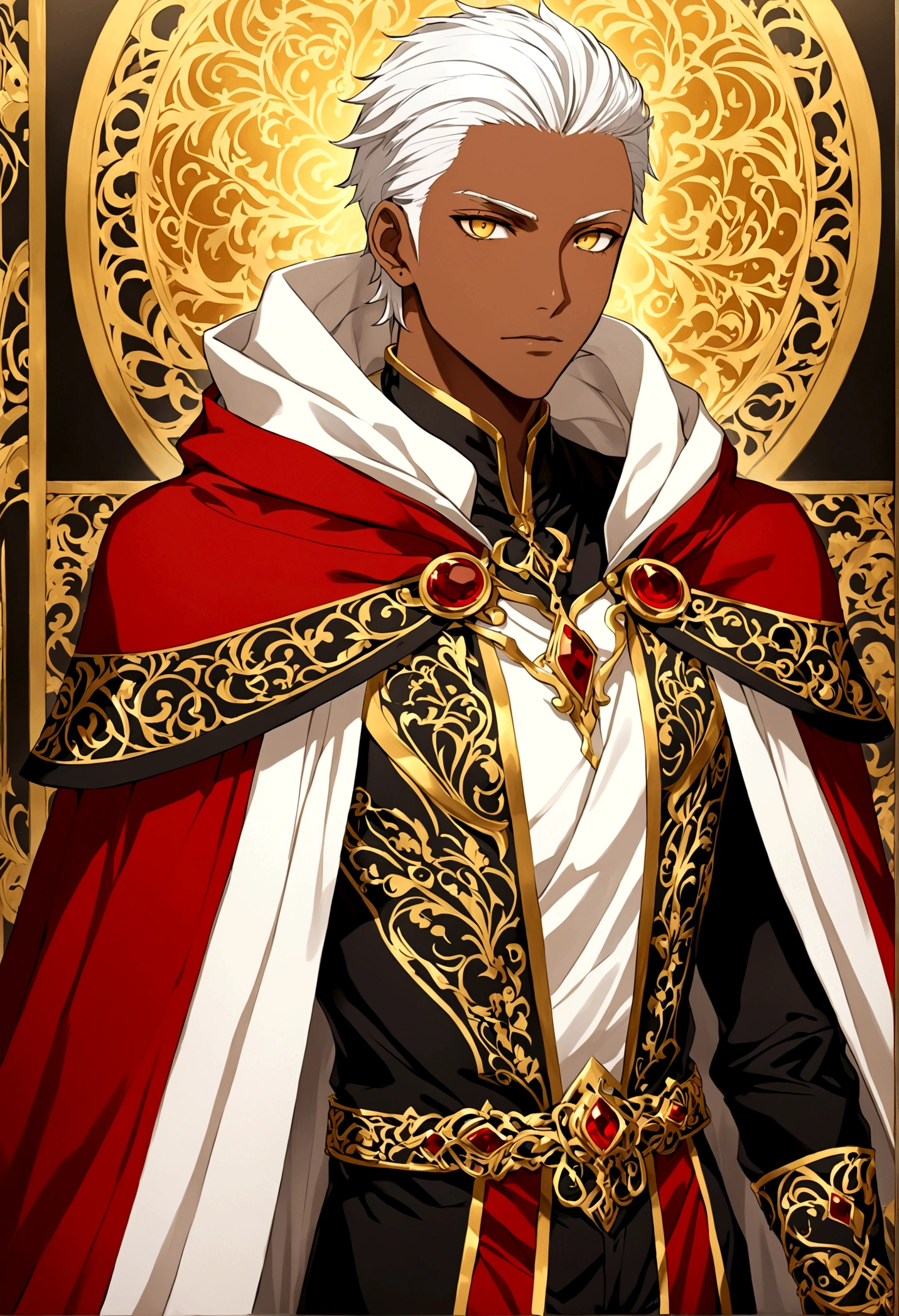 Male brown skin white hair yellow eyes black gold and red outfit with a cloak anime 