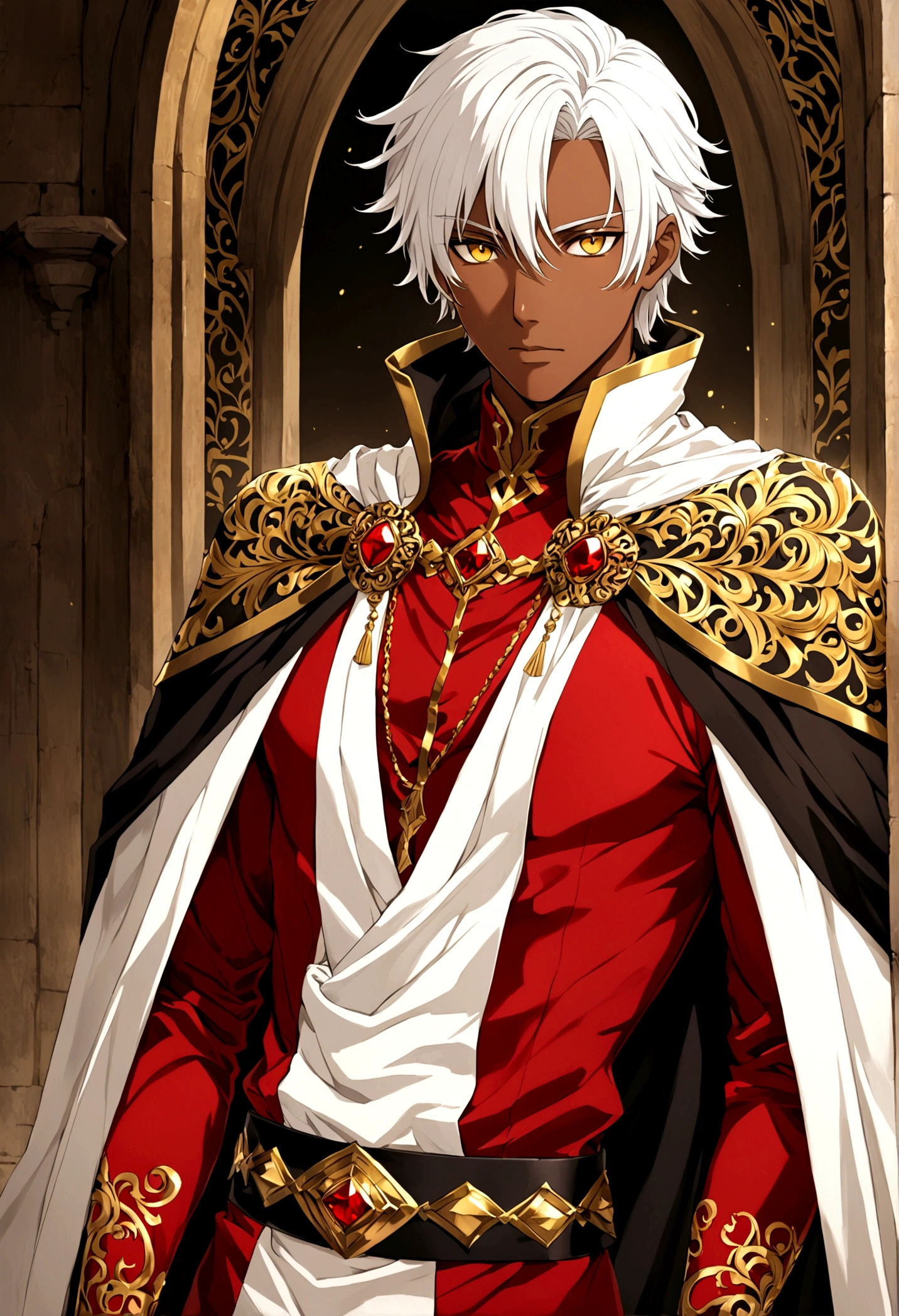 Male brown skin white hair yellow eyes black gold and red outfit with a cloak anime