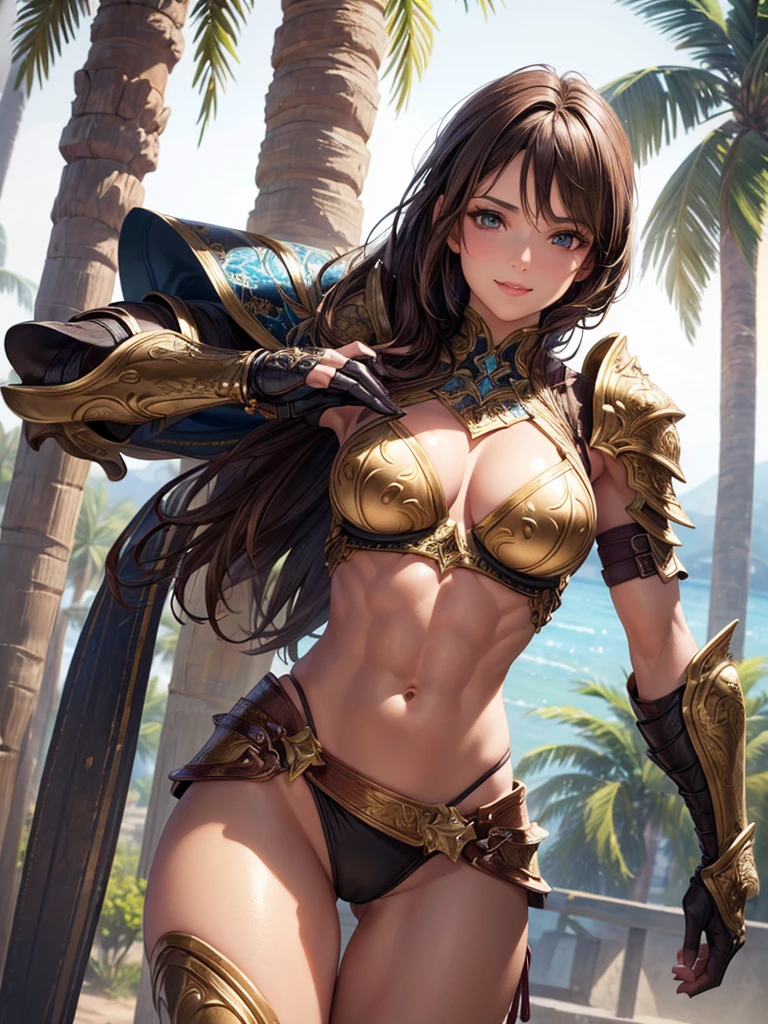 ,(best quality, ultra-detailed, realistic:1.37, masterpiece:1.2), woman, beautiful detailed eyes, beautiful detailed lips, brown hair tied up, smile, bikini armor, (muscular body:1.1),slim figure, caustics, textile shading, toned body, clean abs, palm trees swaying, Highly detailed colorful fancy armor and gauntlets,,desert