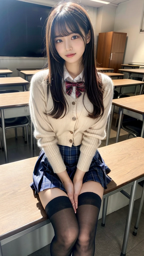 masterpiece, Highest quality, figure, Very detailed, Fine details, High resolution, 8k,wallpaper, Perfect dynamic composition,(Detailed high quality, Realistic depiction of eyes:1.3), High school classroom、 uniform、cardigan、Super Short Check Uniform Skirt、Navy blue knee-high socks、garter belt、huge 、Disheveled uniform、Short Bob Hair, Black hair color, Big Natural Color Lip, Bold sexy pose, (Perfect figure), Crying a little、Harajuku Style、20-year-old girl、Cute type, Beautiful feet, Gravure idol pose, Voluptuous thighs