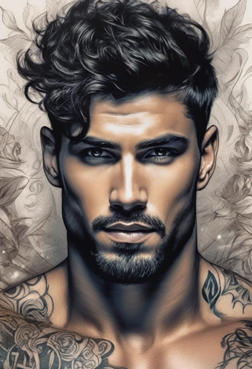 ~*~Breathtaking~*~ Cinematic realistic close-up shot in a movie scene, vibrant and highly detailed cores presented in cinemascope, creating a moody atmosphere. head close-up, front camera, handsome man, ritualistic (neck tattoo: 1.3), (incredibly detailed: 1.5), ((Alone)), Illustrated, hand-drawn, full-color movie poster of a masculine man, 28 years old, ruddy skin, stocky physique, soft belly, slightly chubby, deep brown eyes, wide bulbous nose, full lips, black hair, curly hair, eyebrows thick and bushy, extremely hairy chest, stomach and arms, lots of body hair, hard shadows, graphite shading, stencil markings, airbrushed acrylic paint, masterpiece,muscular man, in underwear, ((full body: 1.7)), (short black hair: 1.1), (muscular), by Jeremy Mann, by Sandra Chevier, by maciej kuciara, smoke and shadow, night, Sharp, ((Perfect body)), realistic, real shadow, 3d, ((full body)), ((dark and gloomy universe)), (by Michelangelo), glamorous photo of man (close up: 1.5), 1 man, chubby man with chest and arm tattoos, fantasy male portrait, beautiful realistic full body part, tattooed man, shirtless :: high detail, blessed waters wlop style, ma demon fit, hyperrealistic rendering, photorealistic art style, hyperrealistic 3D rendering, detailed full body part, man artstation aesthetic, realistic face and body, photographed by famous photographer in CANON 5D MARK, detailed skin with all raw details - ar 4:6 --q 2 - -s 750 --v 58k, 4k, by the sea in complete darkness and appears alone. , (ruined: 1.5), (best quality: 1.5), (masterpiece: 1.5), (best quality, 4k, 8k, high resolution, masterpiece: 1, 2), ultra detailed , (realistic, photorealistic, photorealistic: 1.37) , colorful, brushstrokes, sculptural quality, man, man, 30s, ((perfect face, ((male face)), (fantastic:1, 5), (best quality :1.5),((whole body:2.2))