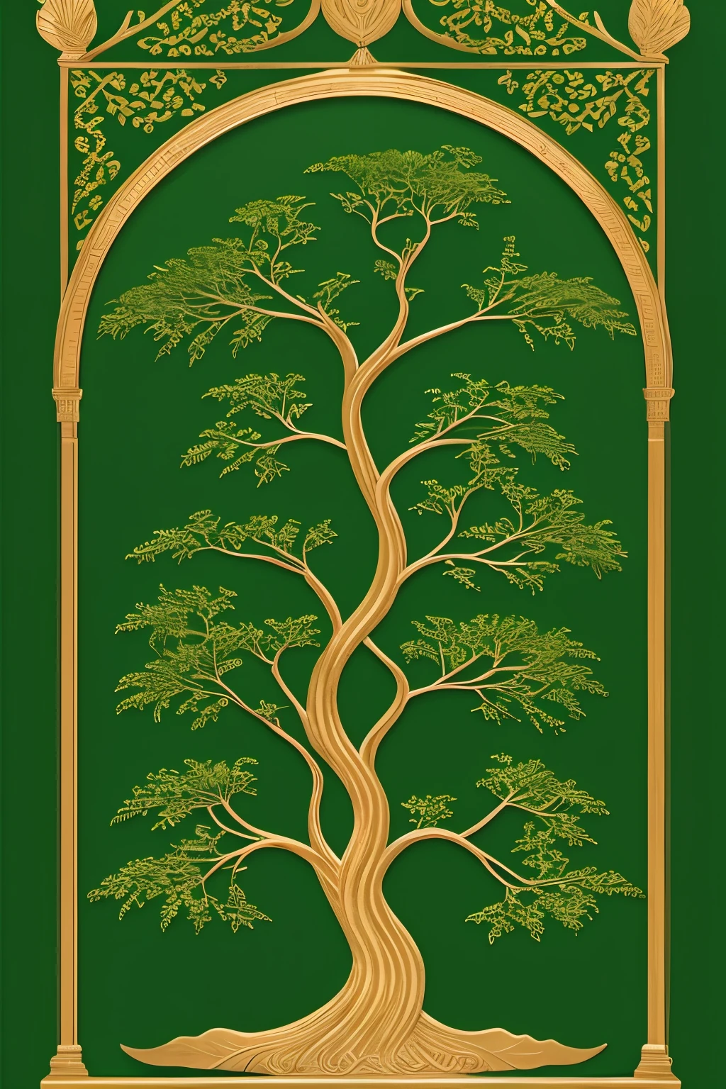 Craft an image with a moderately deep, verdant green background, reminiscent of the rich hues found in lush forests. In the center, skillfully sketch a stylized laurel symbol, imbued with a timeless grace. Surrounding this icon, nestle a simple vector shield, serving as a protective container. Inside the shield, delicately render a tree devoid of leaves, boasting only intricate, graceful branches. Adjust size and position meticulously to strike the perfect balance between elements. Upon completion, seamlessly export the masterpiece as a high-resolution PNG file.