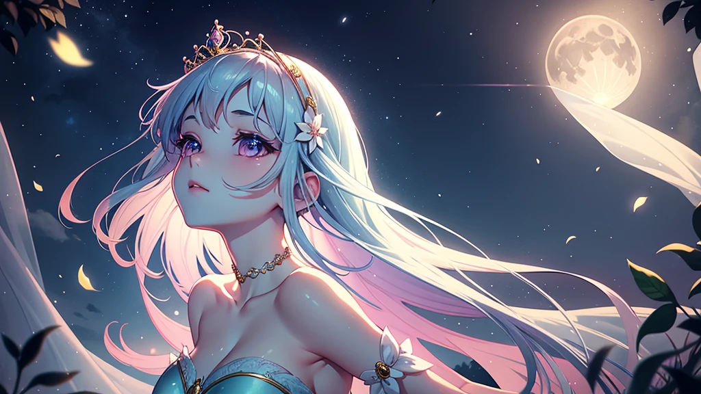 A princess with a delicate and beautiful face, large eyes, and translucent skin is looking up at the moon from a castle, enchantingly dressed in a traditional and glamorous medieval European dress and wearing a large hair ornament. A gentle, warm light surrounds the princess. The background is filled with soft out-of-focus light, and the pale blue and purple tones create a dreamy, serene, and enchanting atmosphere. Fireflies glowing in the moonlit night surround the princess, adding to the magical and ethereal atmosphere. Emphasis on the armpit and clavicle
