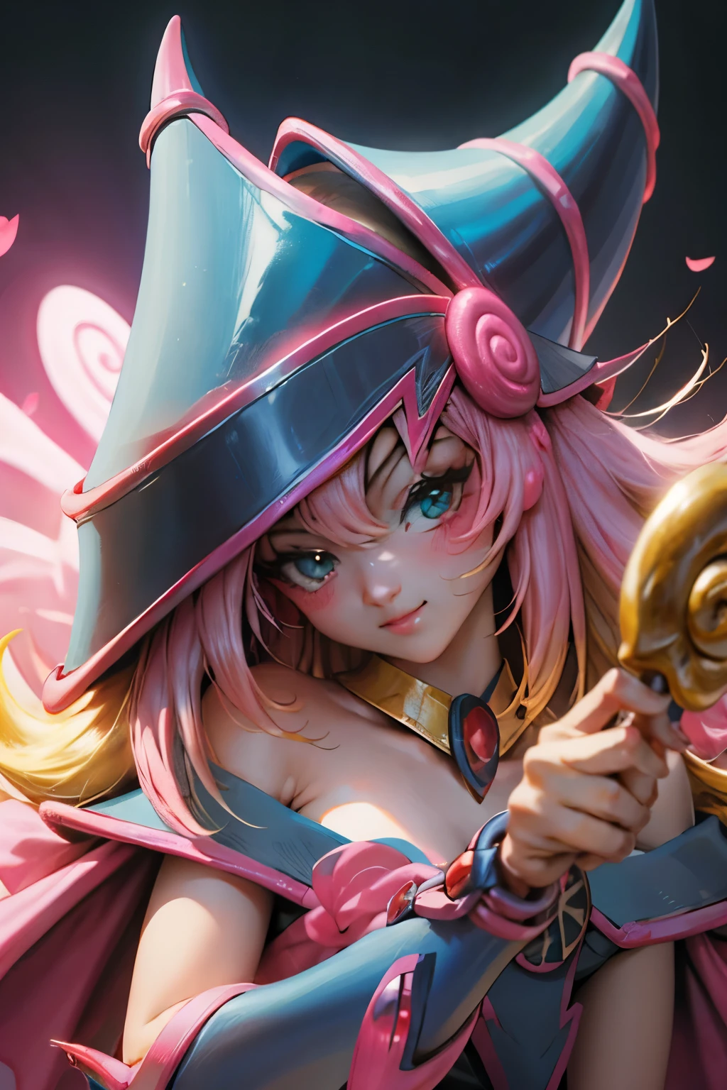 Hermoso rostro de dark magician gils, ojos azules. Labios rosados. Cabello rubio y largo. Ombros descubiertos, sonrisa angelical, hermoso rostro bien detallados de dark magician gils. With his hands he makes the sign of love and peace. His hands make a sign of peace and love.