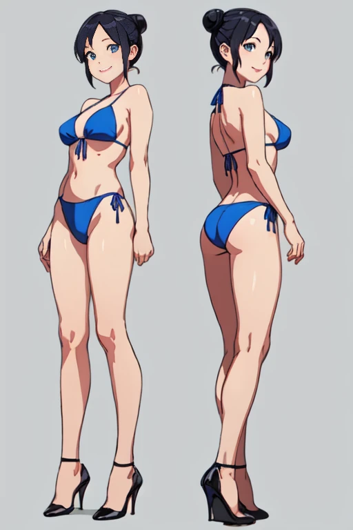 (full body:1.5), (multiple views, split view:1.2),, (Full body from the front: 1.5), (Full body from the back: 1.1), One Girl, black eye, Hair Bun, Lip gloss, Beautiful girlish body、Blue Bikini、Highly detailed soft indirect lighting, 4K, Perfect Eyes, Perfect Face, Perfect lighting, High heels, Summer Sea、,View your viewers,smile、simple background,