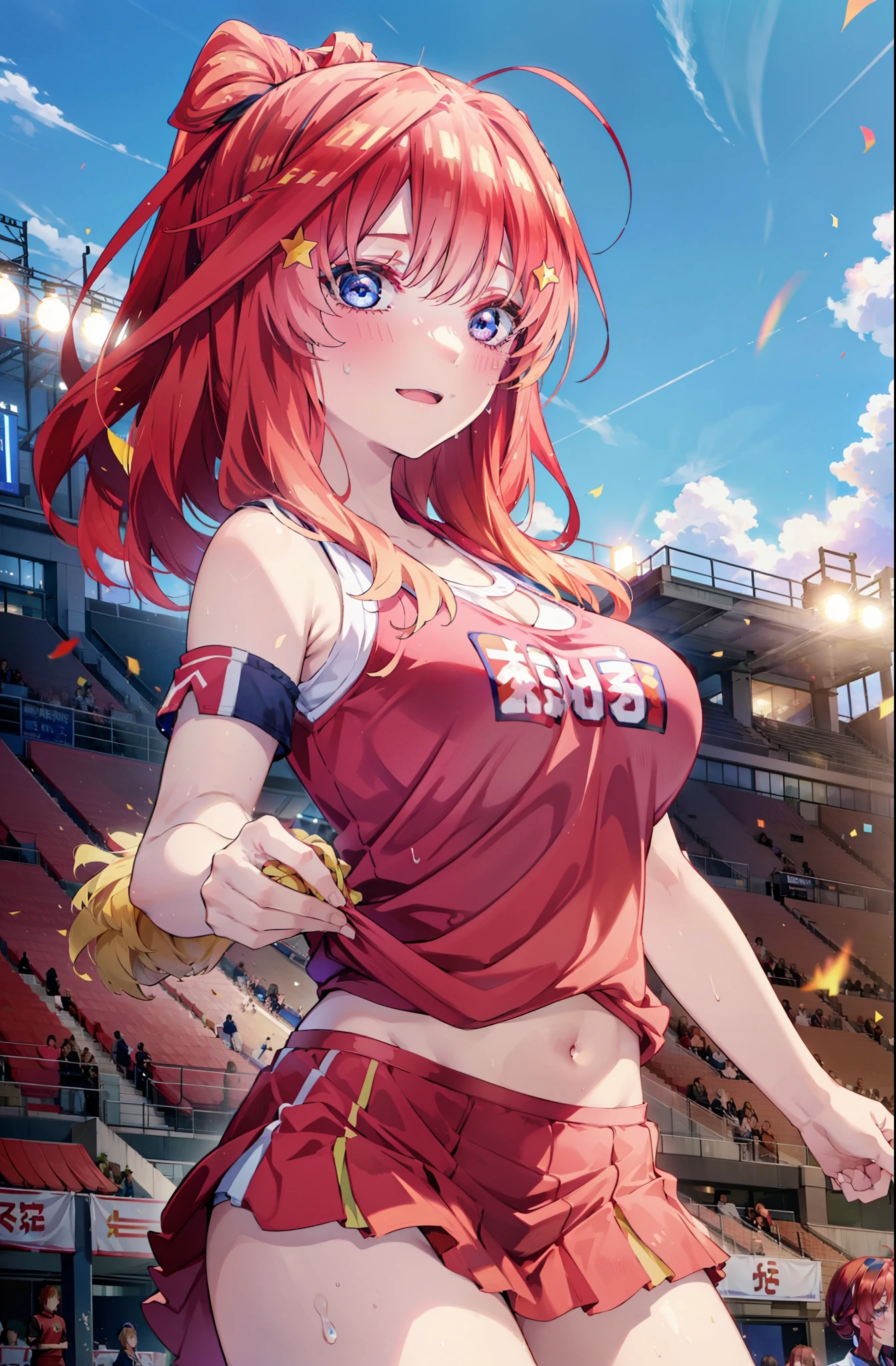 itsukinakano, Itsuki Nakano, bangs, blue eyes, hair between eyes, Ahoge, Redhead, star \(symbol\), happy smile, smile, Open your mouth,hair ornaments, star hair ornaments,(cheer leading), (whole body), Big Breasts, Lower, (Sweaty), Sweaty Wet Clothes (Red clothes),  No sleeve,Belly button support, playground, (Jump), (Jump), 足を曲げてJumpする, air, blue sky, Grass原, smileのチアリーダー, Pom-pom \(cheer leading\), Grass, whole bodyがイラストに入るように,crowd, people々々,
break outdoors, Stadium,
break looking at viewer, whole body,
break (masterpiece:1.2), Highest quality, High resolution, unity 8k wallpaper, (shape:0.8), (Fine and beautiful eyes:1.6), Highly detailed face, Perfect lighting, Highly detailed CG, (Perfect hands, Perfect Anatomy),