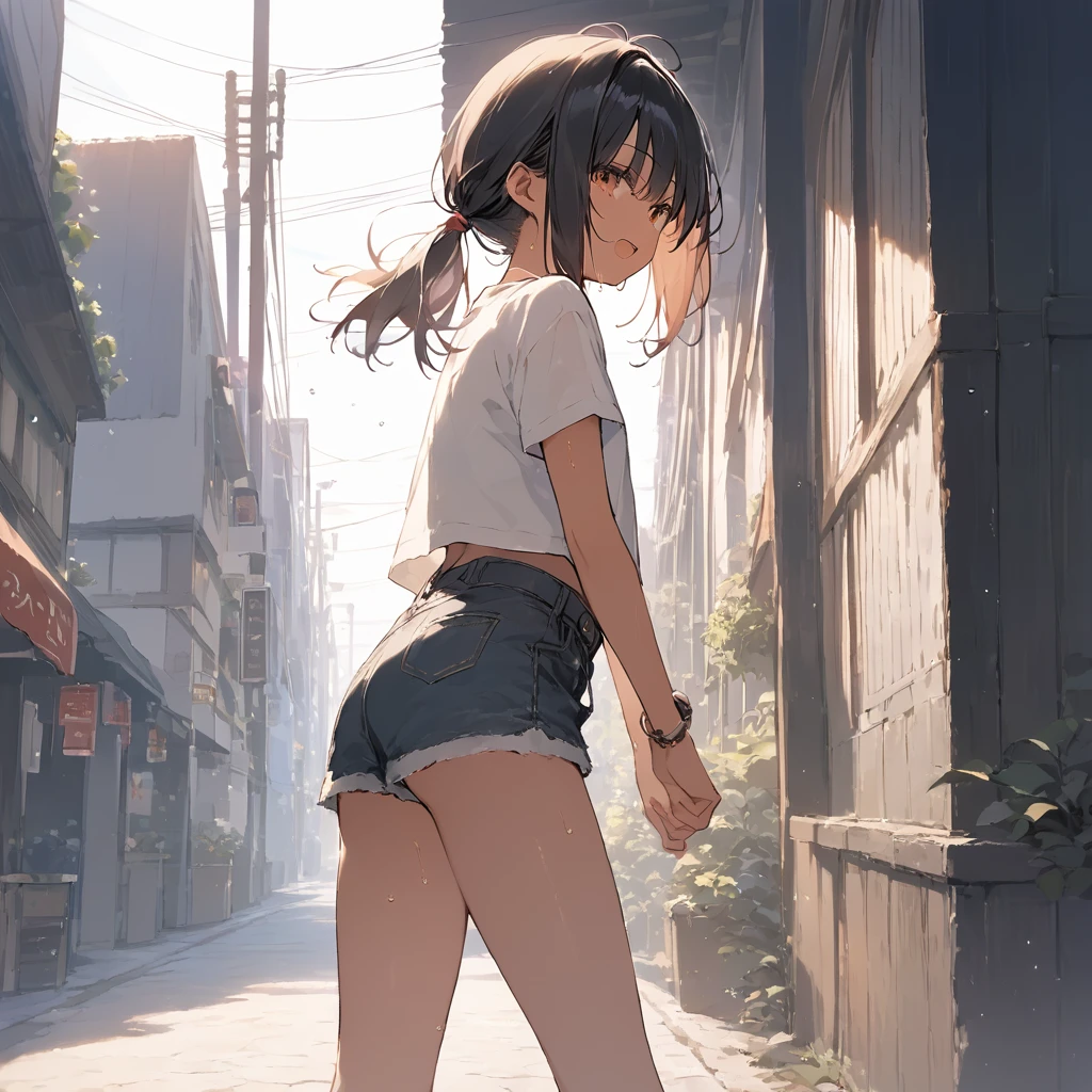 score_9, score_8_up, score_7_up, source_anime, best quality, masterpiece, official art, absurdres, highres, ultra-detailed,waifu2x,Collection: Slice of Life,break,1girl, tomboy, dark-skinned female, short hair, low ponytail, flat chest,  beautiful detailed eyes, short shorts, sweat, open mouth, (yawn:0.3), sleepily, outdoors, wind, break,(clear line illustration:1.2),very high resolution, very aesthetic, super detailed skin, Best sexual lighting powered by famous artist, 8k,cute picture,beauty illustration,photoshop_(medium),,(Detailed Lighting),best anime 8k konachan wallpaper, pixiv contest winner, 