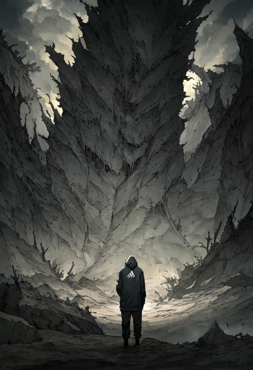 Create an ultra-wide photo of a decrepit zombie wearing an Adidas hoodie and hoodie, contra um fundo abstrato. O estilo geral da imagem deve ser minimalista com um toque Artgem. The zombie must be rendered in a decrepit state, Cadaverous style, focusing on creating a sense of horror and decay. A jaqueta e o capuz da Adidas devem ser renderizados com muitos detalhes, com foco em capturar a textura e o estilo da roupa. O fundo da imagem deve ter um desenho abstrato, focusing on creating a sense of depth and contrast with the foreground. A imagem deve ser renderizada em formato amplo, focusing on creating a sense of scale and drama in the scene.