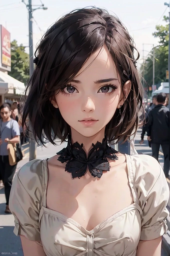(Half Body Shot,Street lamp,moon),masterpiece, One girl, Solo Exhibitions, Beautiful woman on a busy street, Surrounded by peddlers, Beautiful Goddess Girl Portrait, Beautiful and elaborate face, Porcelain-like skin, (((Bust Shot, center, night, Black Hair, short hair)), Very soft lighting, Symmetric, complicated, grace, High detail, realism, art, concept art,