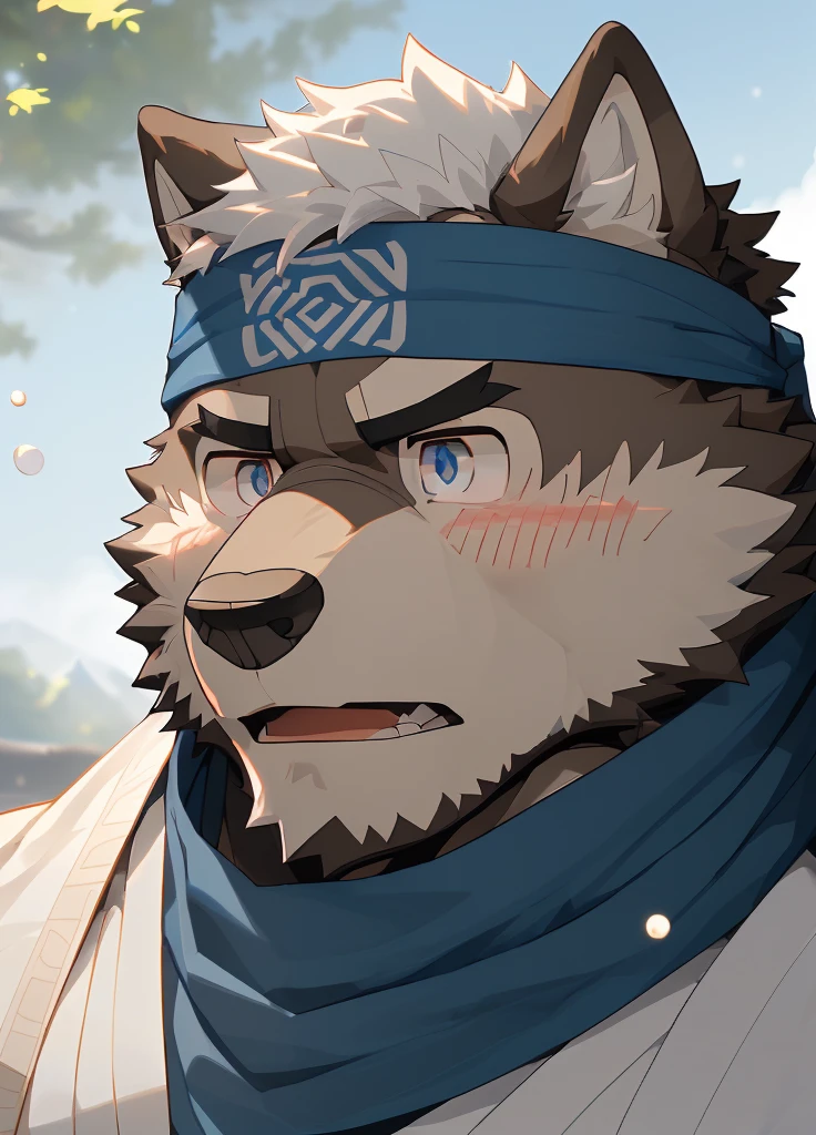 (masterpiece)，(Very detailed)，(best quality)，hairy，Wolf，Dark black fur，white hair，Black eyebrows，Gray pupil，Muscular，(Japan samurai attire)，((blue scarf))，((Brown headband))，(blush:1.tunned expression:1.3))，((Loading Symbols))，((Ultra HD close-up:1.4))，8K，(high quality)，(Ultra high quality)，(Super detailed)，(Best Works)