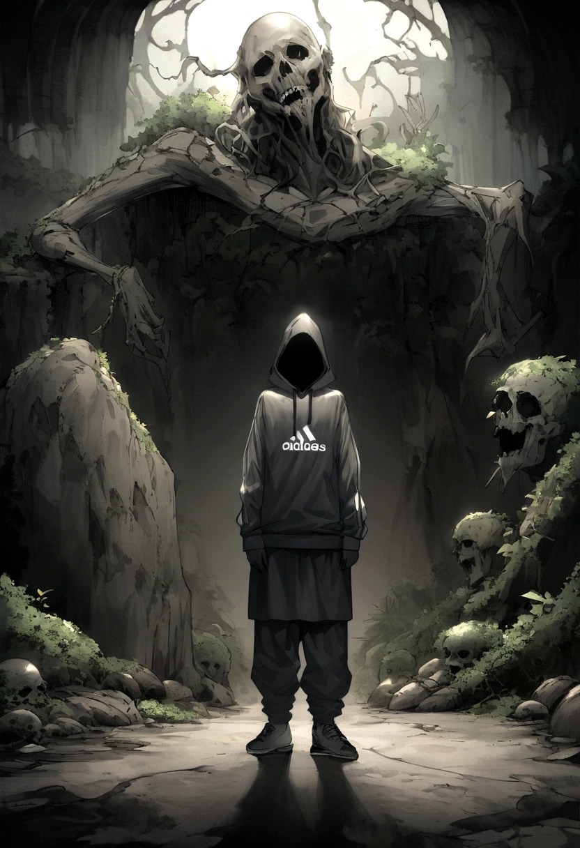 Create an ultra-wide photo of a decrepit zombie wearing an Adidas hoodie and hoodie, contra um fundo abstrato. O estilo geral da imagem deve ser minimalista com um toque Artgem. The zombie must be rendered in a decrepit state, Cadaverous style, focusing on creating a sense of horror and decay. A jaqueta e o capuz da Adidas devem ser renderizados com muitos detalhes, com foco em capturar a textura e o estilo da roupa. O fundo da imagem deve ter um desenho abstrato, focusing on creating a sense of depth and contrast with the foreground. A imagem deve ser renderizada em formato amplo, focusing on creating a sense of scale and drama in the scene.
