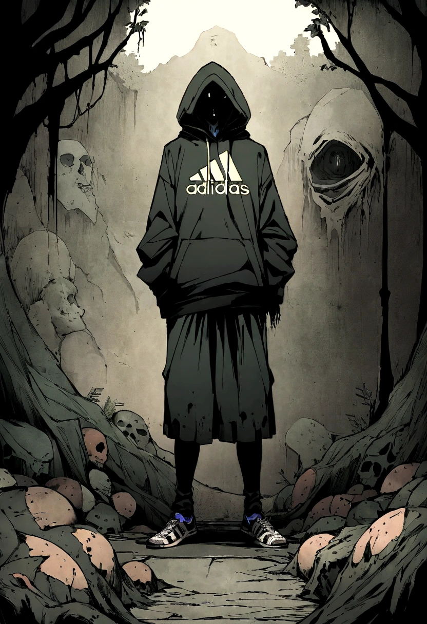 Create an ultra-wide photo of a decrepit zombie wearing an Adidas hoodie and hoodie, contra um fundo abstrato. O estilo geral da imagem deve ser minimalista com um toque Artgem. The zombie must be rendered in a decrepit state, Cadaverous style, focusing on creating a sense of horror and decay. A jaqueta e o capuz da Adidas devem ser renderizados com muitos detalhes, com foco em capturar a textura e o estilo da roupa. O fundo da imagem deve ter um desenho abstrato, focusing on creating a sense of depth and contrast with the foreground. A imagem deve ser renderizada em formato amplo, focusing on creating a sense of scale and drama in the scene.