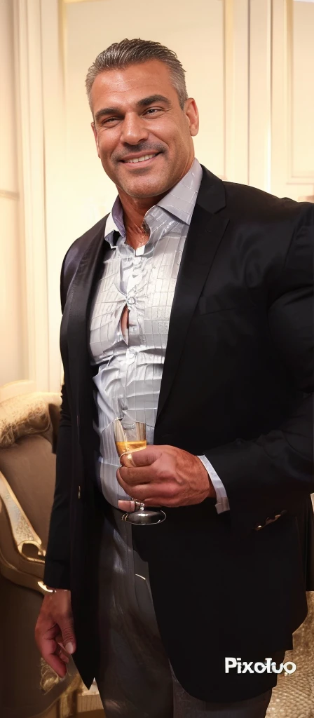 smiling handsome middle aged man in a suit, he is 50 years old, holding glass of champagne. Big muscles, bodybuilder, tight clothing, tight shirt (wearing a black suit jacket, shiny satin shirt, big muscles, big pectorals, visable cleavage, covered nipples, tight tan chinos, big bulge, grey hair)