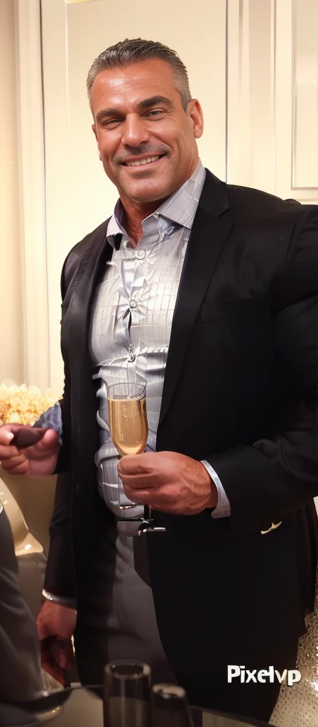 smiling handsome middle aged man in a suit, he is 50 years old, holding glass of champagne. Big muscles, bodybuilder, tight clothing, tight shirt (wearing a black suit jacket, shiny satin shirt, big muscles, big pectorals, visable cleavage, covered nipples, tight tan chinos, big bulge, grey hair)