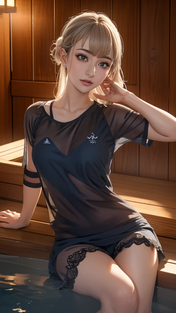 SAUNA,sitting,spread legs,(fellatio gesture),(floating in water),(soaked),(clothed:1.5),baggy t-shirt,(see through),lace swimsuit,(Thin type:1.5),(large breasts),(random hairstyle:1.2),(Highest image quality, (8K), Ultra-realistic, Best Quality, High quality, High Definition, high quality texture, high detailing, Beautiful detailed, fine detailed, extremely details CG, Detailed texture, realistic representation of face, masterpiece, presence)