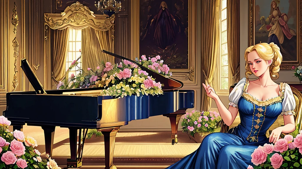 A beutiful realistic scene of a haughty blonde lady in a blue old fashioned dress; the background is large and vintage, a ancient house with a golden piano and a lot of flowers; masterpiece; ultra hd, 4k
