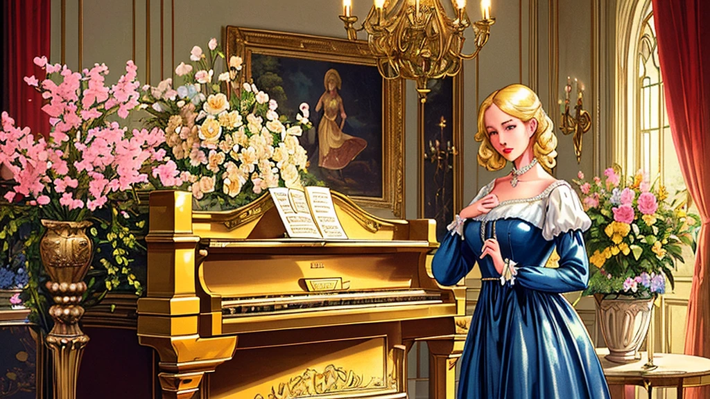 A beutiful realistic scene of a haughty blonde lady in a blue old fashioned dress; the background is large and vintage, a ancient house with a golden piano and a lot of flowers; masterpiece; ultra hd, 4k