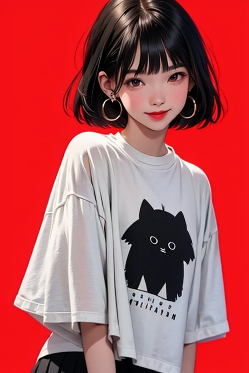 1 girl, alone, Upper body, facing forward, looking at the viewer, smile, Bright smile, white background, bob cut, short bob, short bangs, Patsun bangs, black hair, compensate, parted lips, red lips, eyeliner,plain t-shirt, Pure white T-shirt, short sleeve t-shirt, tanbi kei, mori kei, fashion kei、Red background