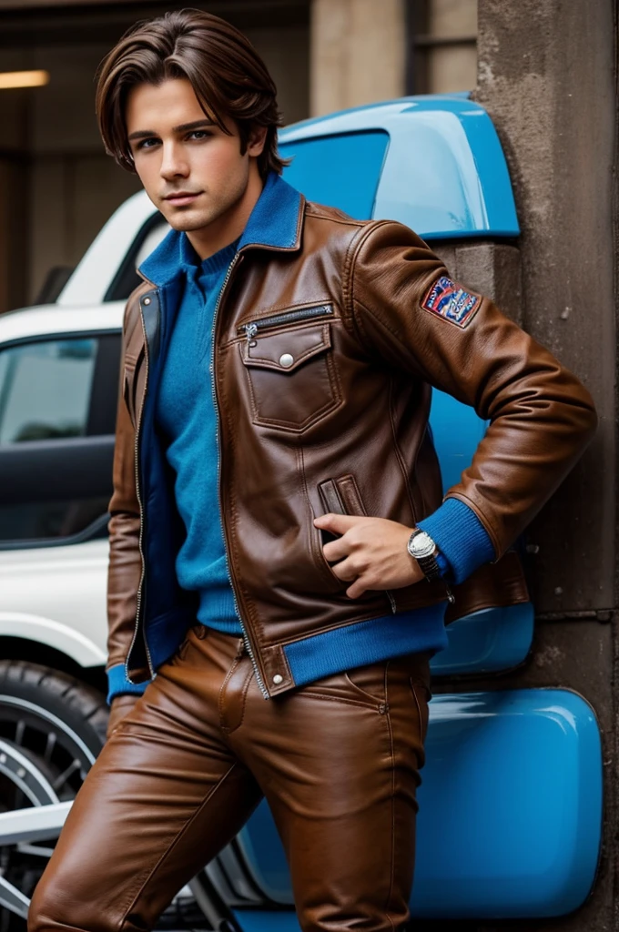 brown hair boy, con uniforme escuchar con un chaleco de color azul, brown pants with motorcycle boots with a leather jacket over the blue vest, ojos marrones con guantes de color negro
