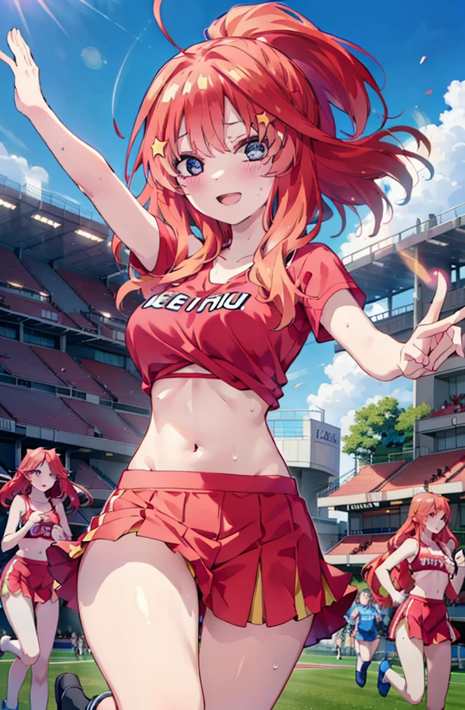 itsukinakano, Itsuki Nakano, bangs, blue eyes, hair between eyes, Ahoge, Redhead, star \(symbol\), happy smile, smile, Open your mouth,hair ornaments, star hair ornaments,(cheer leading), (whole body), Big Breasts, Lower, (Sweaty), Sweaty Wet Clothes (Red clothes),  No sleeve,Belly button support, playground, (Jump), (Jump), 足を曲げてJumpする, air, blue sky, Grass原, smileのチアリーダー, Pom-pom \(cheer leading\), Grass, whole bodyがイラストに入るように,crowd, people々々,
break outdoors, Stadium,
break looking at viewer, whole body,
break (masterpiece:1.2), Highest quality, High resolution, unity 8k wallpaper, (shape:0.8), (Fine and beautiful eyes:1.6), Highly detailed face, Perfect lighting, Highly detailed CG, (Perfect hands, Perfect Anatomy),