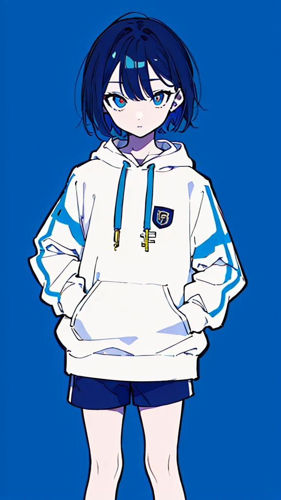 (masterpiece, highest quality:1.6), alone, thick outline, (simple background, Dark blue background, monochrome, dark blue theme:1.2), official art, Key Visual, 8K, disorganized, whole body, (unique hair, Oversized Hoodies, hot pants, arch back, short torso:1.2), belly button, thighs, cowboy shot, HDR, sharp focus, High resolution, most detailed, very detailed, Super detailed, finely, detailed eyes and face, sharp pupils, realistic student, solo, blue and white contrast, solo, hands in pockets