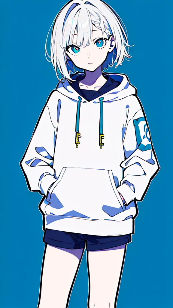 (masterpiece, highest quality:1.6), alone, thick outline, (simple background, Dark blue background, monochrome, dark blue theme:1.2), official art, Key Visual, 8K, disorganized, whole body, (unique hair, Oversized Hoodies, hot pants, arch back, short torso:1.2), belly button, thighs, cowboy shot, HDR, sharp focus, High resolution, most detailed, very detailed, Super detailed, finely, detailed eyes and face, sharp pupils, realistic student, solo, blue and white contrast, solo, hands in pockets