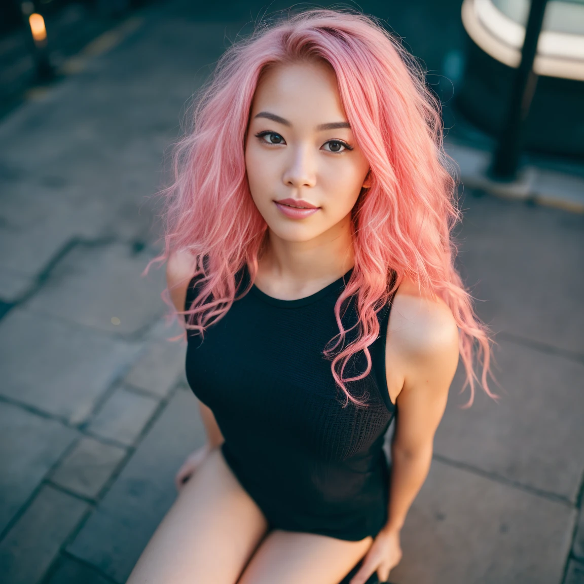 arafed woman with pink hair sitting on the beach, flowing pink hair, with pink hair, photo of a beautiful woman, long flowing pink hair, pink golden hour, curly pink hair, beautiful young asian woman, beautiful asian woman, wild ginger hair, pink wispy hair, light pink hair, a young asian woman, an asian woman, infp young woman, (taking selfies, overhead view: 1.4), (straight half of the torso: 1.4), Portrait photo of a 24-year-old french girl in RAW UHD format (Black-eyed woman) Walk down the dark alley, night city, Details (textures! , Hair! , glistering, Color!! , imperfections: 1.1), highly detailed glossy eyes (looking at the camera), DSLR Lighting, SLR camera, Ultra-Quality, sharpness, Depth of field, Film grain (Downtown), Fujifilm XT3, Crystal clear, Frame Center, beatiful face, sharp-focus, street lamp, neon lighting, bokeh (dimly lit), night time, (night sky), detailed skin pores, oilly skin, suntan, Complex eye details