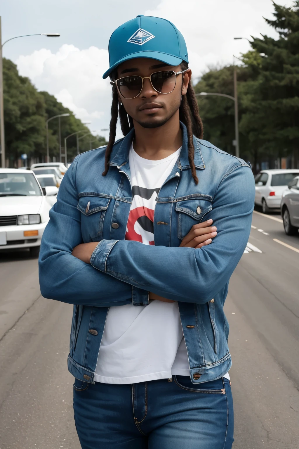 "Preciso de uma personagem com fundo transparente, de cabelos em dread amarrado, wearing a straight-back cap and sunglasses. A personagem deve ter cabelo esverdeado, be wearing a windbreaker, uma camisa branca sem estampa, and skintight jeans. Ela deve estar encostada em um Skyline R34, with arms crossed and looking to the side with a slightly mocking expression."