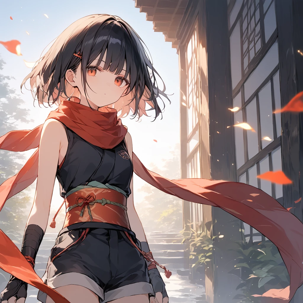 score_9, score_8_up, score_7_up, source_anime, best quality, masterpiece,ultra-detailed,official art, absurdres, highres, waifu2x, break,1girl, ninja girl, short hair, blunt bangs, small breasts,beautiful detailed eyes, expressionless,sleeveless,obi, shorts, scarf,  night, outdoors, break,(clear line illustration:1.2),very high resolution, very aesthetic, super detailed skin, Best cinematic lighting powered by famous artist, 8k,cute picture,beauty illustration,photoshop_(medium),,(Detailed Lighting),best anime 8k konachan wallpaper, pixiv contest winner, 
