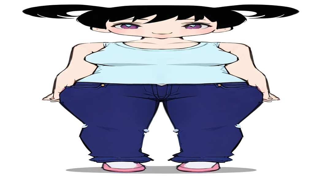 a cartoon girl with a white shirt and blue pants, realistically proportioned body, full body details, centered full body rear-shot, full - body - front - shot, female full body, full body portrait of a short!, inverted triangle body type, thin-waist, ( ( ( wearing jeans ) ) ), full body picture, upper body avatar