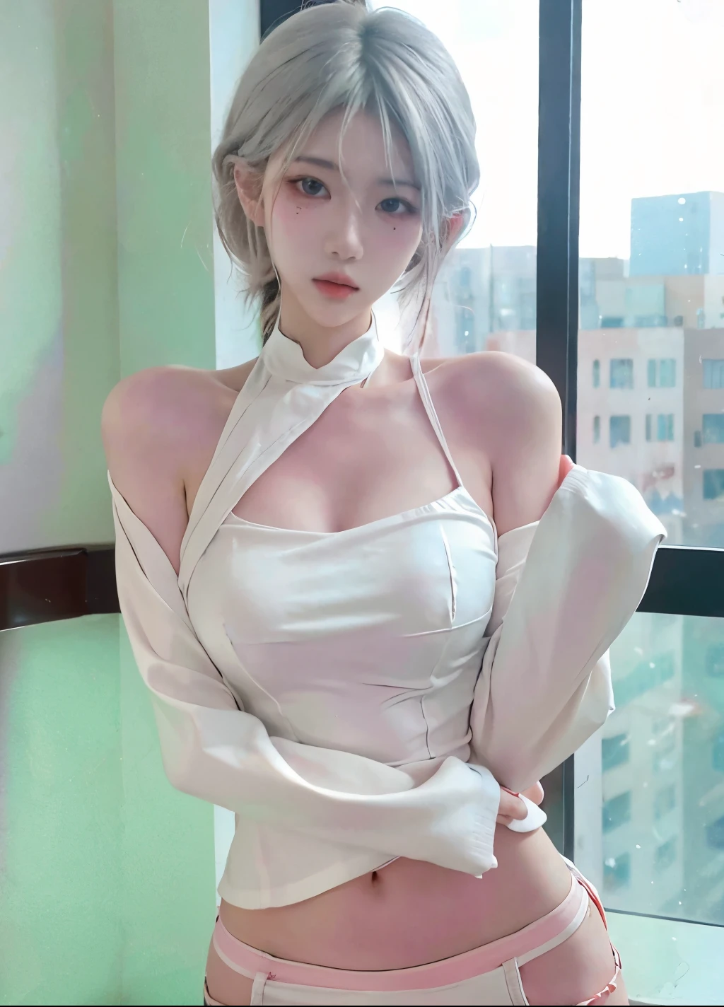 Beautiful woman with perfect figure:1.4,Layered hairstyle,White skin,Prominent cleavage,Bikini:1.5,Super short pleated skirt,whole body,Very delicate facial and skin texture,Double eyelids,Skin Whitening,Long white hair