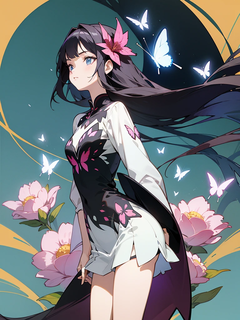 art, anime, very detailed, with long hair, beautiful flowers, butterflies, with a wonderful background, masterpiece, short dress, vector.