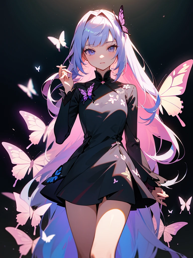 art, anime, very detailed, with long hair, beautiful flowers, butterflies, with a wonderful background, masterpiece, short dress, vector.