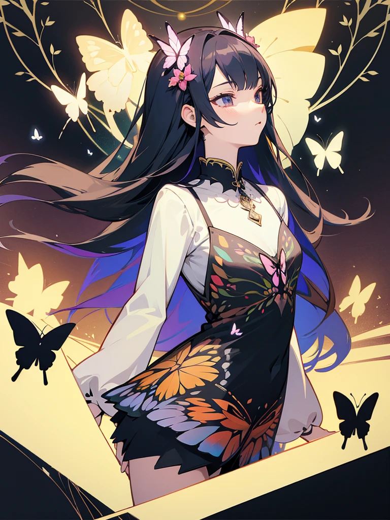 art, anime, very detailed, with long hair, beautiful flowers, butterflies, with a wonderful background, masterpiece, short dress, vector.