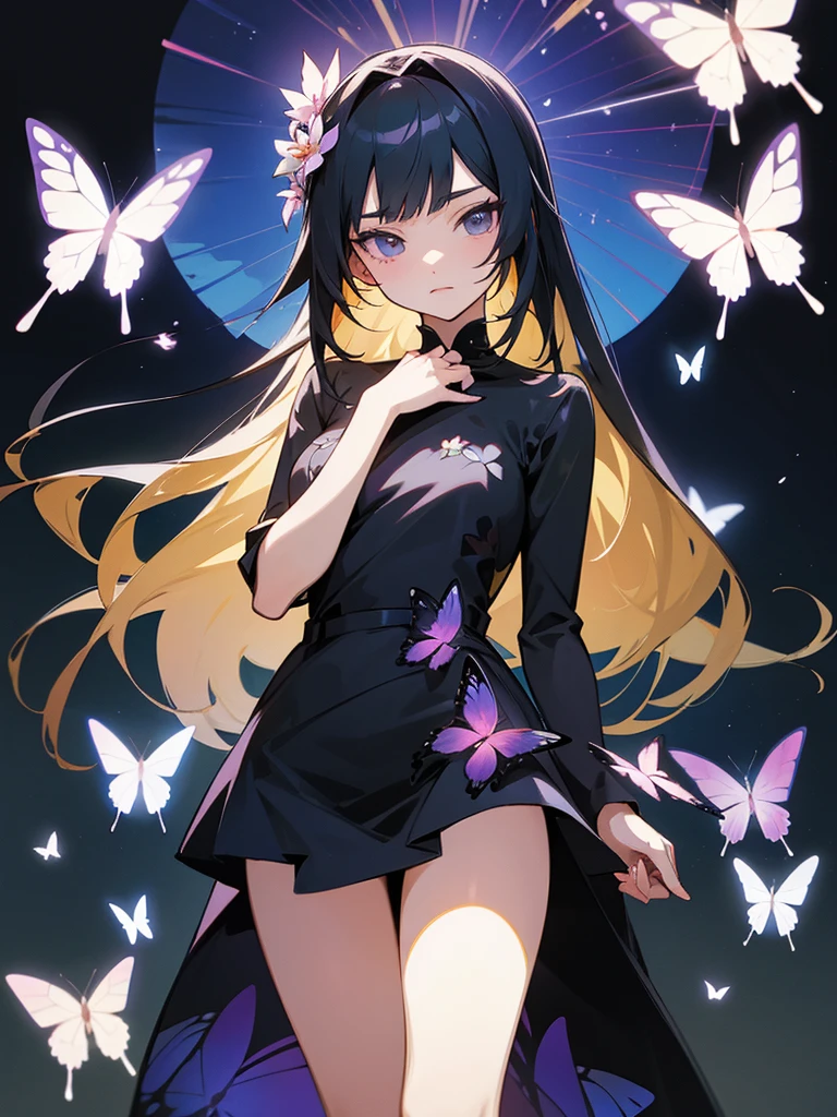art, anime, very detailed, with long hair, beautiful flowers, butterflies, with a wonderful background, masterpiece, short dress, vector.