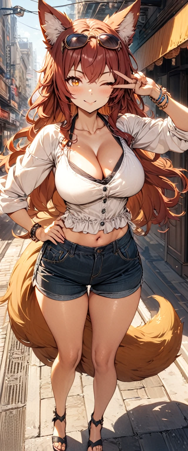 (masterpiece), best quality, expressive eyes, perfect face,1girl,fox girl, fox ears, fox tail,dark red hair,cleavage,big breasts,casual clothes,navel,casual shorts,bracelet,smiles,orange eyes,city street,day, warm sunlight,soft shadows,one eye closed,standing,contrapposto,v over eye,hand on own hip,full body,heel sandals