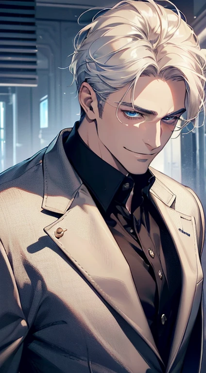 (best quality, masterpiece, 8K, photorealistic, cinematic lighting, 1:4 hdr image, ultra detailed, beautiful image), a mature man, 34 years very handsome, ((cold expression smile)), short white hair, blue eyes, face perfect without mistakes, ((buttoning his jacket, CEO)), smile.