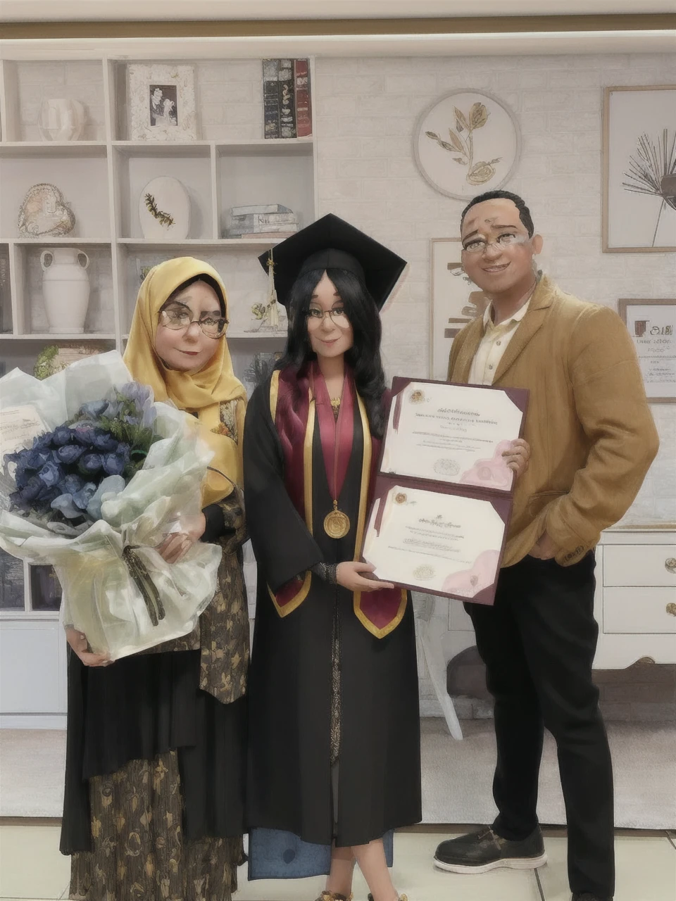 3D caricature big head. A detailed image of a graduation scene featuring three individuals. The person on the left is an older woman wearing a black dress with golden brown patterns and a yellow hijab. She has an oval face with slightly full cheeks and wears glasses. She is holding a large bouquet of flowers tied with a ribbon. The person in the middle is a young woman in a black graduation gown with maroon and yellow trim, and a blue dress underneath. She wears a black graduation cap with a yellow tassel. She has long black hair, thick eyebrows, large eyes, and thin lips. A gold medal hangs around her neck, and she holds two diplomas. The person on the right is a man wearing a light brown jacket, a white shirt, and black pants. He has a round face, short black hair, and a broad smile. He stands holding the diploma with the middle person. The background features a modern interior with shelves and decor items.