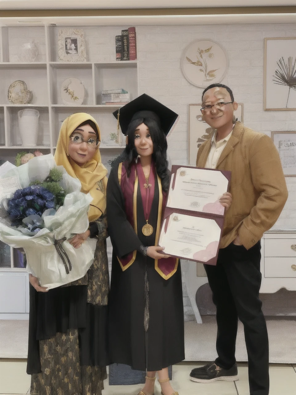 3D caricature big head. A detailed image of a graduation scene featuring three individuals. The person on the left is an older woman wearing a black dress with golden brown patterns and a yellow hijab. She has an oval face with slightly full cheeks and wears glasses. She is holding a large bouquet of flowers tied with a ribbon. The person in the middle is a young woman in a black graduation gown with maroon and yellow trim, and a blue dress underneath. She wears a black graduation cap with a yellow tassel. She has long black hair, thick eyebrows, large eyes, and thin lips. A gold medal hangs around her neck, and she holds two diplomas. The person on the right is a man wearing a light brown jacket, a white shirt, and black pants. He has a round face, short black hair, and a broad smile. He stands holding the diploma with the middle person. The background features a modern interior with shelves and decor items.