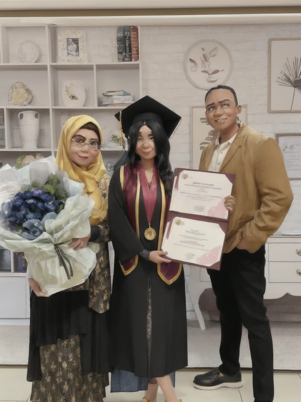 3D caricature big head. A detailed image of a graduation scene featuring three individuals. The person on the left is an older woman wearing a black dress with golden brown patterns and a yellow hijab. She has an oval face with slightly full cheeks and wears glasses. She is holding a large bouquet of flowers tied with a ribbon. The person in the middle is a young woman in a black graduation gown with maroon and yellow trim, and a blue dress underneath. She wears a black graduation cap with a yellow tassel. She has long black hair, thick eyebrows, large eyes, and thin lips. A gold medal hangs around her neck, and she holds two diplomas. The person on the right is a man wearing a light brown jacket, a white shirt, and black pants. He has a round face, short black hair, and a broad smile. He stands holding the diploma with the middle person. The background features a modern interior with shelves and decor items.