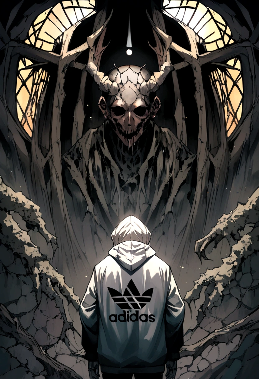 Create an ultra-wide photo of a decrepit zombie wearing an Adidas hoodie and hoodie, contra um fundo abstrato. O estilo geral da imagem deve ser minimalista com um toque Artgem. The zombie must be rendered in a decrepit state, Cadaverous style, focusing on creating a sense of horror and decay. A jaqueta e o capuz da Adidas devem ser renderizados com muitos detalhes, com foco em capturar a textura e o estilo da roupa. O fundo da imagem deve ter um desenho abstrato, focusing on creating a sense of depth and contrast with the foreground. A imagem deve ser renderizada em formato amplo, focusing on creating a sense of scale and drama in the scene.