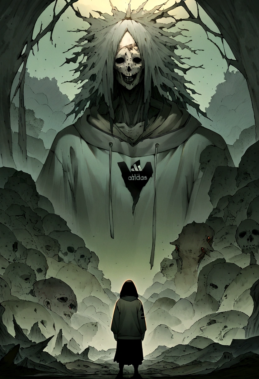 Create an ultra-wide photo of a decrepit zombie wearing an Adidas hoodie and hoodie, contra um fundo abstrato. O estilo geral da imagem deve ser minimalista com um toque Artgem. The zombie must be rendered in a decrepit state, Cadaverous style, focusing on creating a sense of horror and decay. A jaqueta e o capuz da Adidas devem ser renderizados com muitos detalhes, com foco em capturar a textura e o estilo da roupa. O fundo da imagem deve ter um desenho abstrato, focusing on creating a sense of depth and contrast with the foreground. A imagem deve ser renderizada em formato amplo, focusing on creating a sense of scale and drama in the scene.