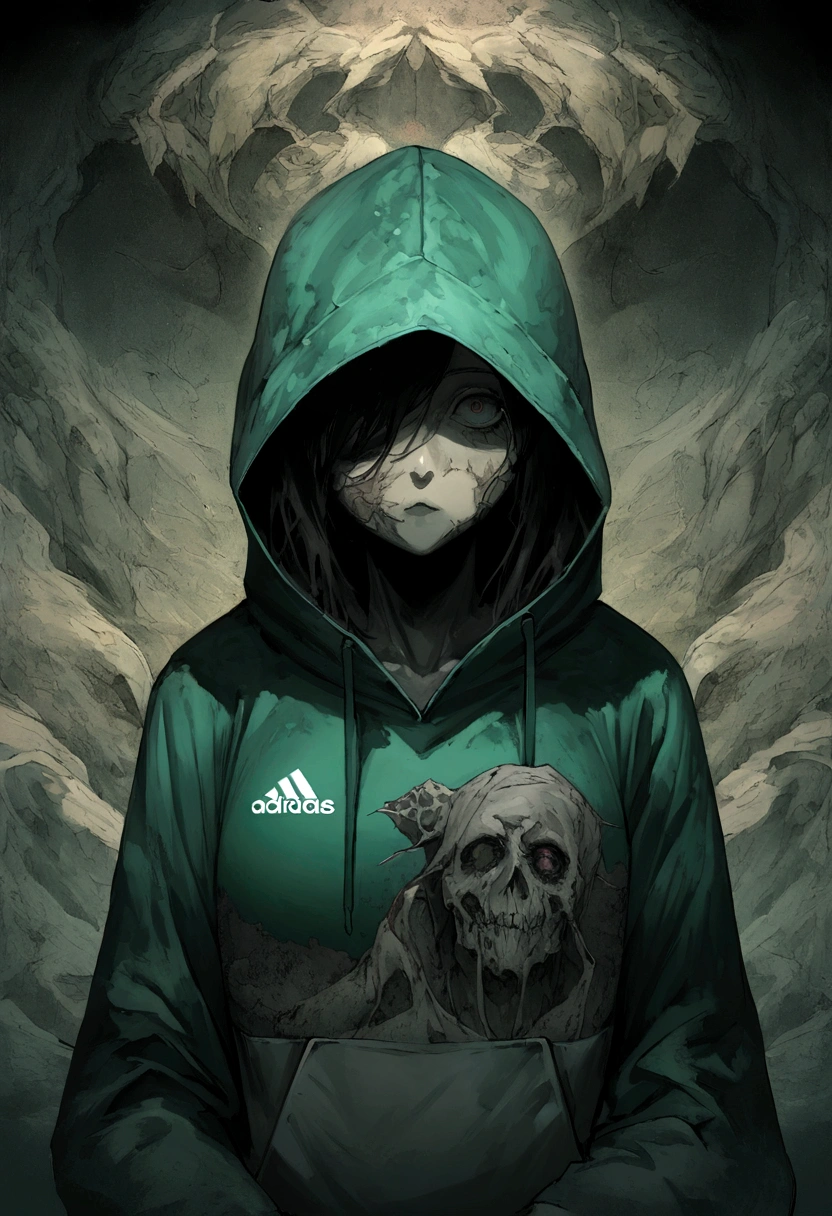 Create an ultra-wide photo of a decrepit zombie wearing an Adidas hoodie and hoodie, contra um fundo abstrato. O estilo geral da imagem deve ser minimalista com um toque Artgem. The zombie must be rendered in a decrepit state, Cadaverous style, focusing on creating a sense of horror and decay. A jaqueta e o capuz da Adidas devem ser renderizados com muitos detalhes, com foco em capturar a textura e o estilo da roupa. O fundo da imagem deve ter um desenho abstrato, focusing on creating a sense of depth and contrast with the foreground. A imagem deve ser renderizada em formato amplo, focusing on creating a sense of scale and drama in the scene.